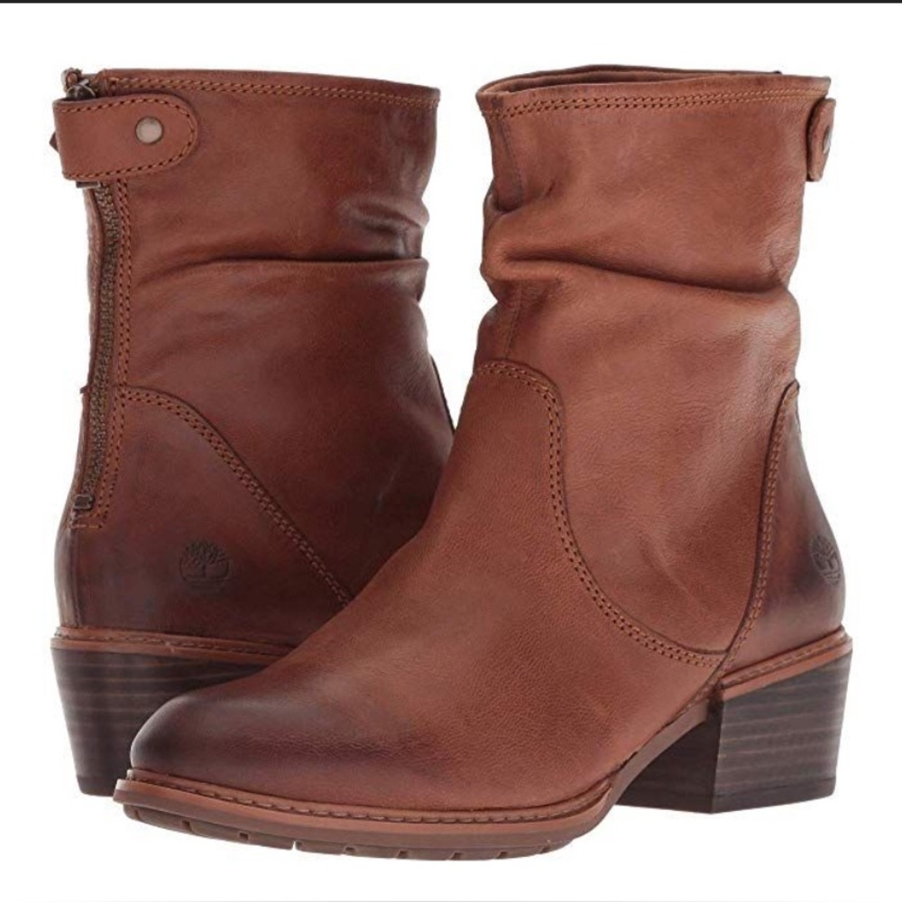 Timberland ‘Sutherland Bay’ mid back zip slouch boots in rich cognac leather